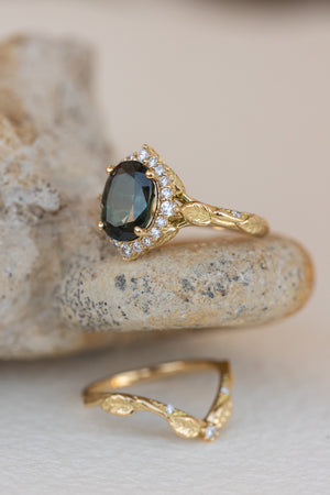 Diamond halo and natural teal sapphire engagement ring, nature inspired yellow gold ring / Florentina - Eden Garden Jewelry™