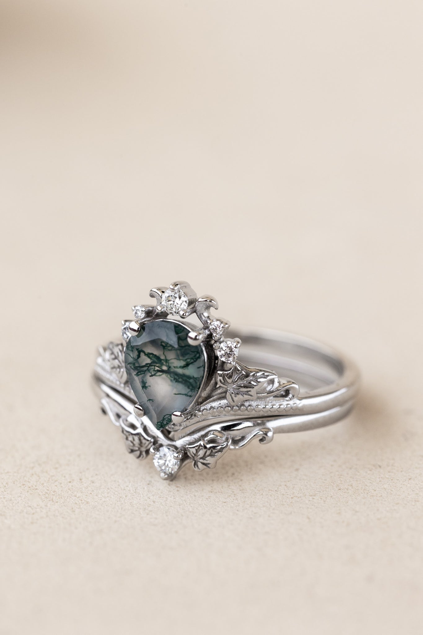 READY TO SHIP: Ariadne ring in 18K white gold, pear cut moss agate, accent lab grown diamonds, RING SIZE:  5.5 - 8.5 US