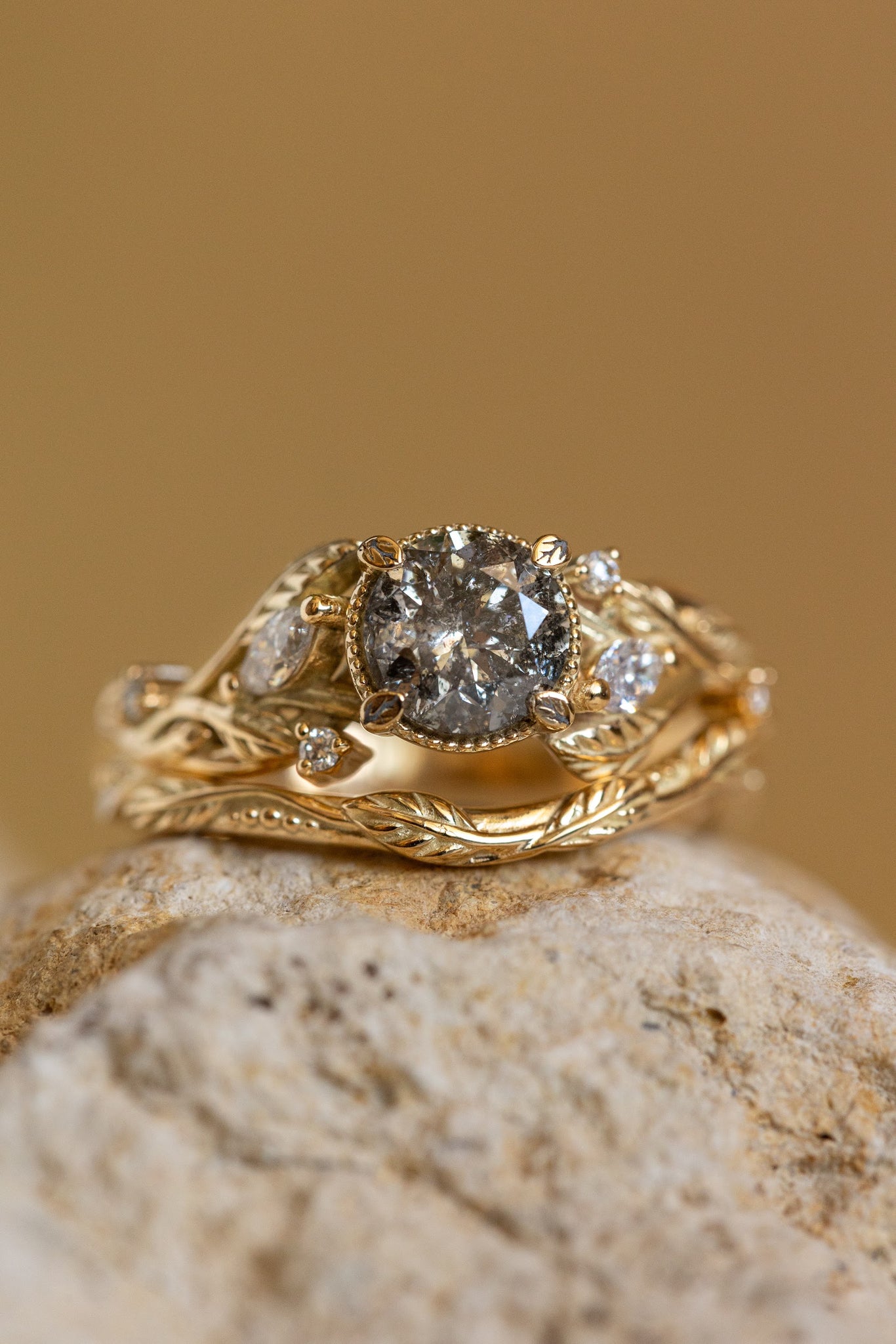 Natural salt & pepper diamond engagement ring with accent diamonds / Patricia - Eden Garden Jewelry™