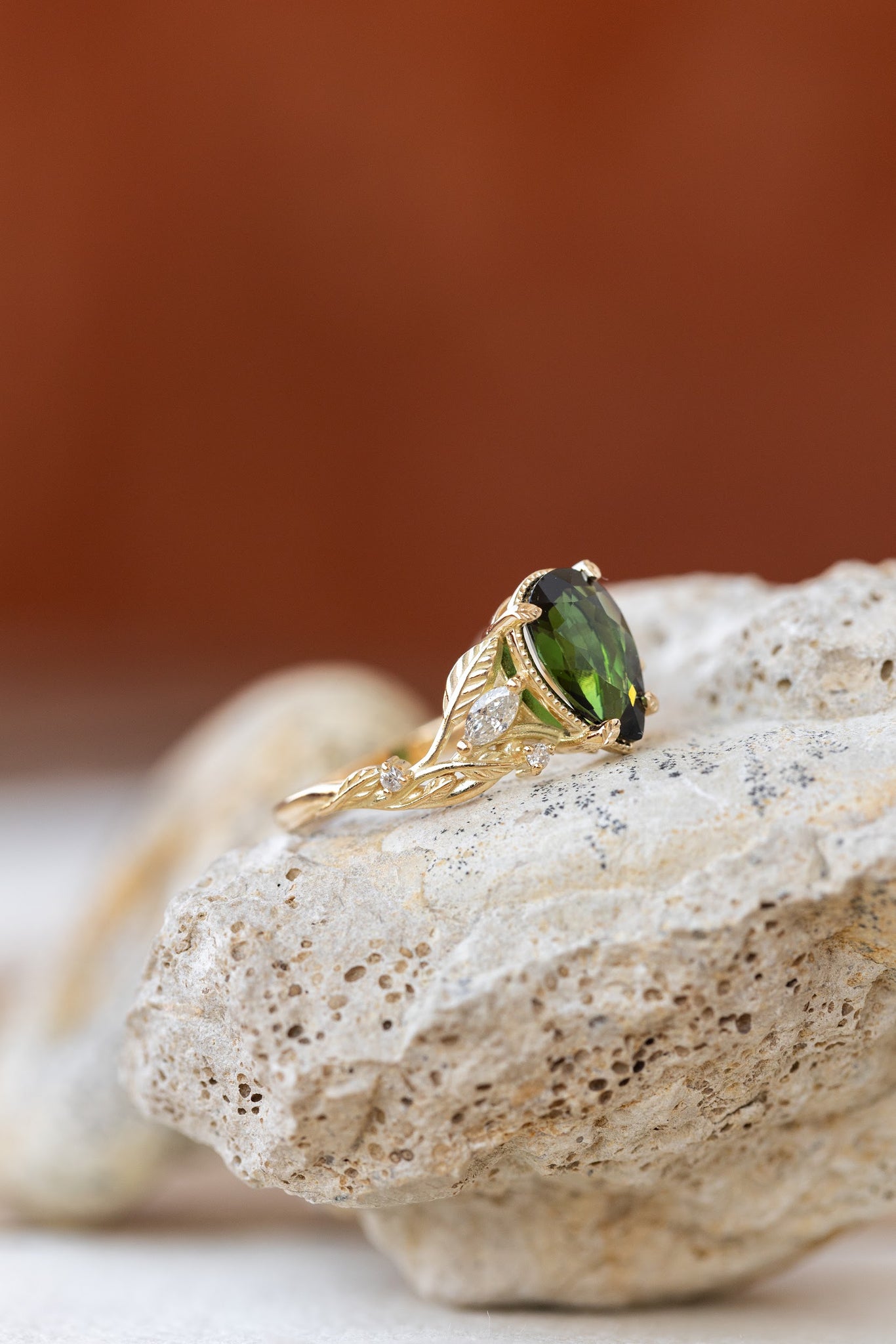 Big vivid green tourmaline engagement ring, nature inspired gold ring with accent diamonds / Patricia - Eden Garden Jewelry™