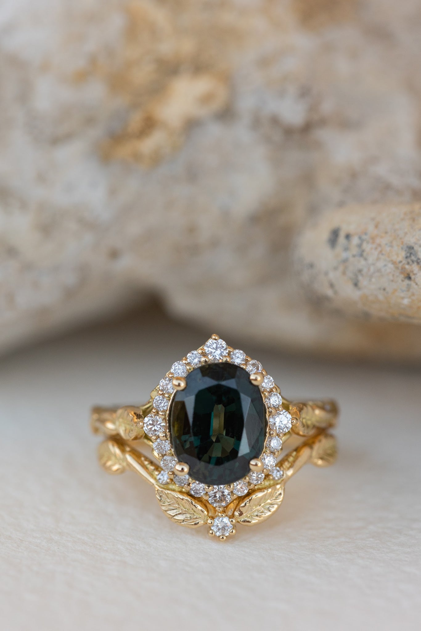 Dark teal genuine sapphire engagement ring set, diamond halo bridal ring set / Florentina - Eden Garden Jewelry™