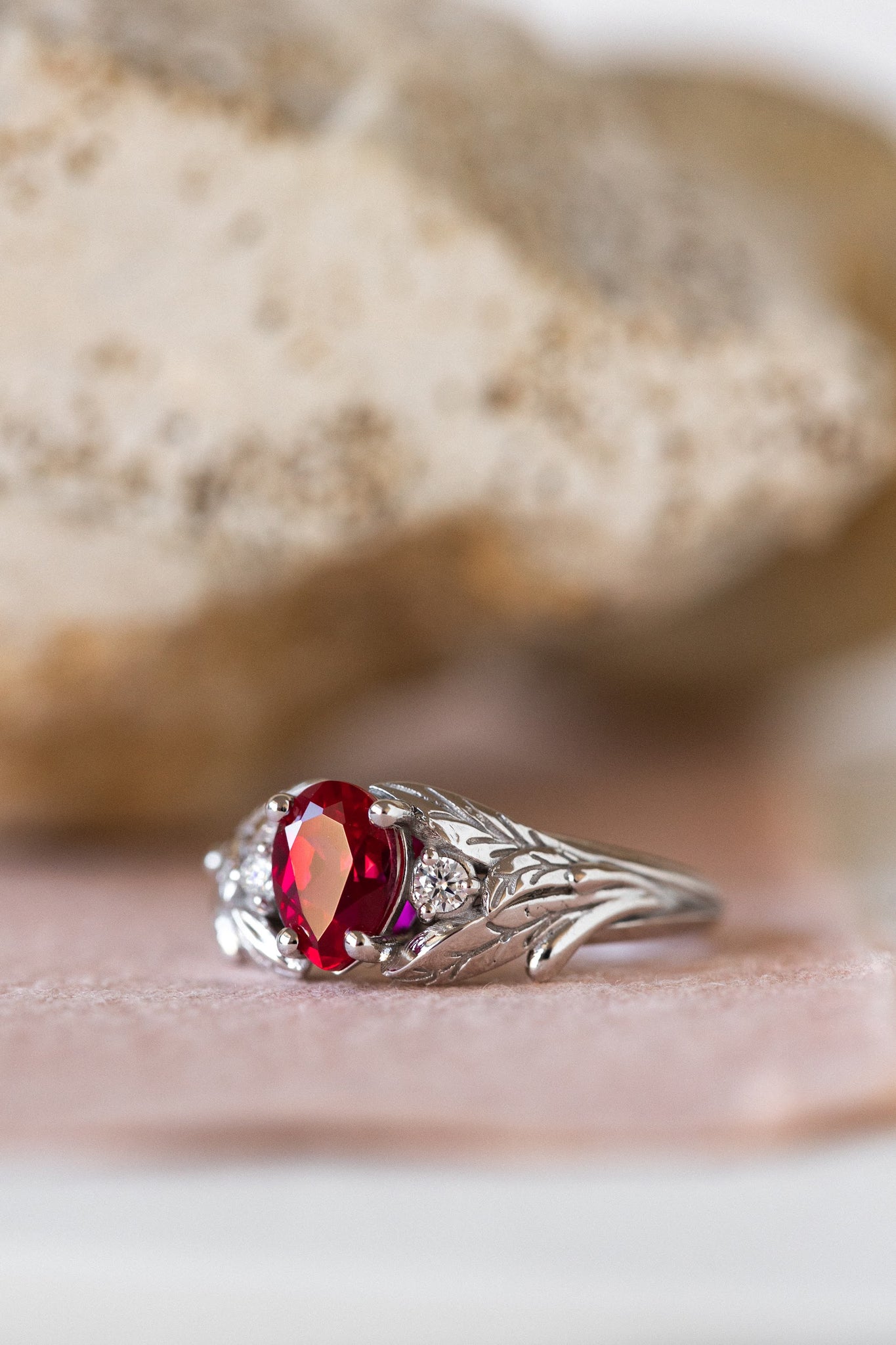 Lab ruby engagement ring, nature inspired ring with accent diamonds / Wisteria - Eden Garden Jewelry™