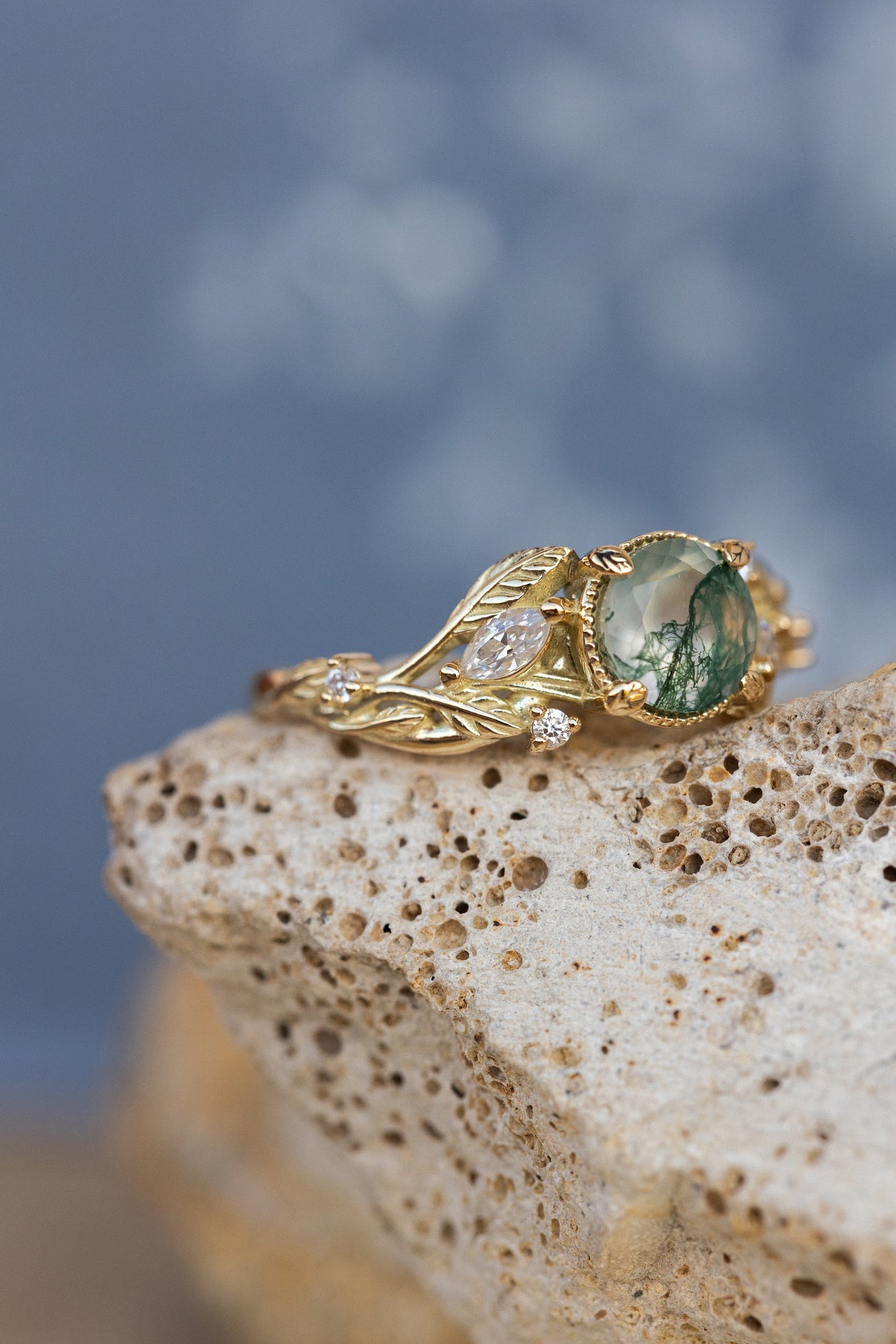 Round moss agate engagement ring, gold promise ring with accent diamonds / Patricia - Eden Garden Jewelry™