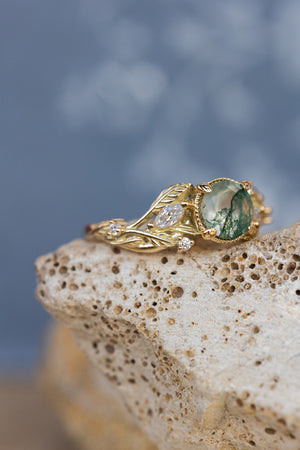 Round moss agate engagement ring, gold promise ring with accent diamonds / Patricia - Eden Garden Jewelry™