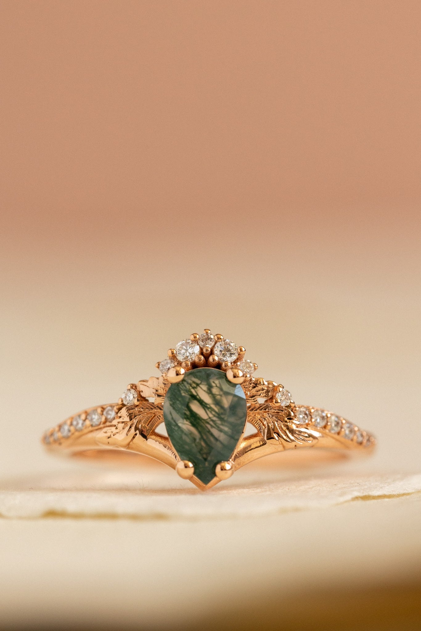 Rutile moss agate engagement ring, diamond crown proposal ring with moss agate / Amelia - Eden Garden Jewelry™