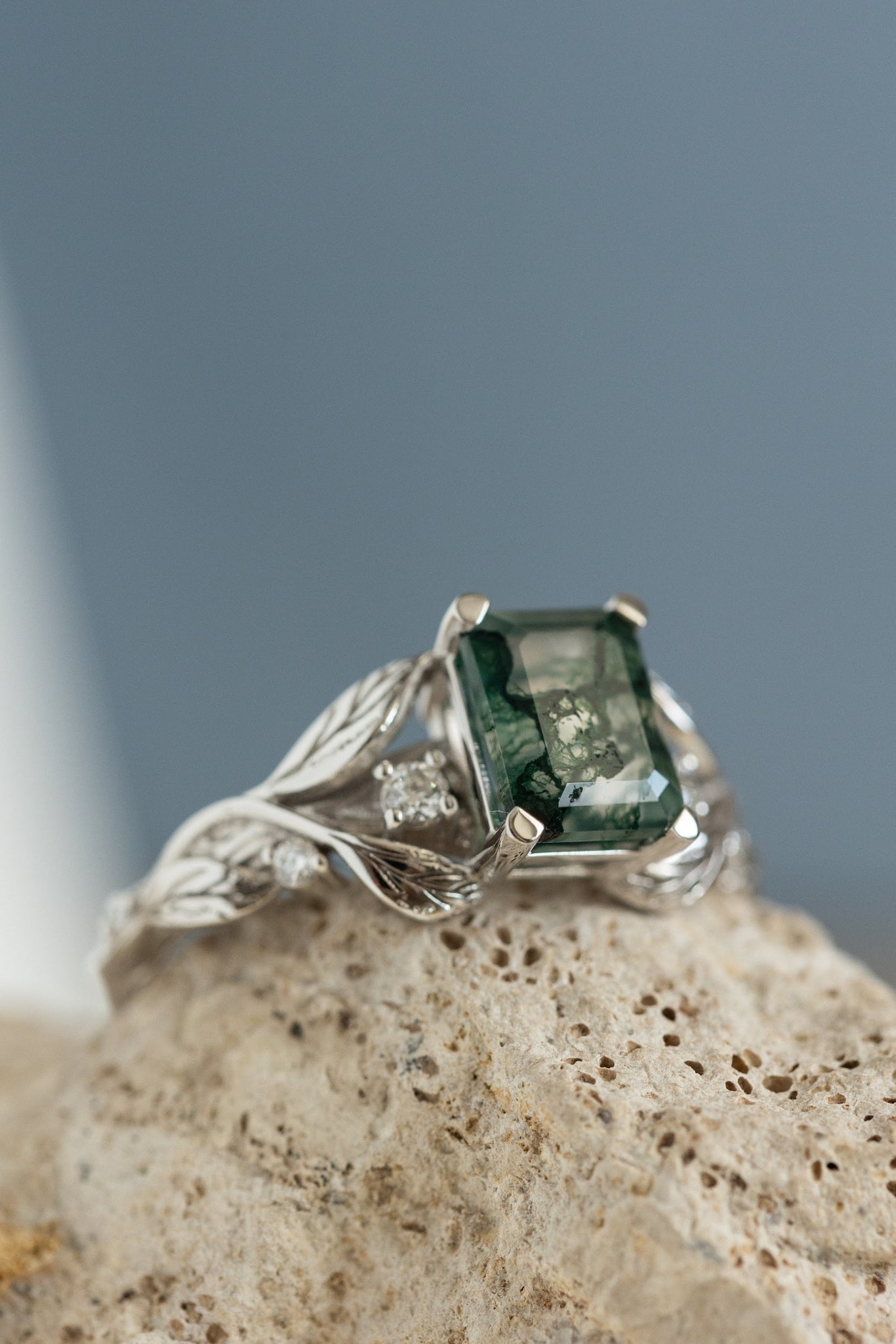 Emerald cut moss agate engagement ring, gold nature themed ring diamonds / Clematis - Eden Garden Jewelry™