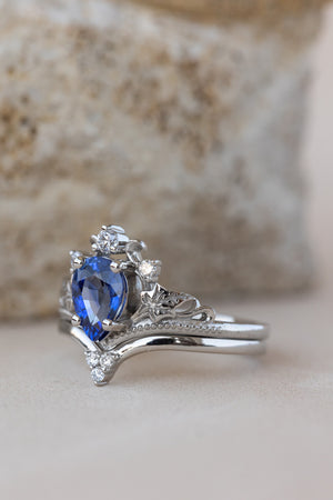 READY TO SHIP: Ariadne bridal set in 14K white gold, pear cut natural sapphire 7x5 mm, lab grown diamonds, RING SIZE: 3 - 6  US