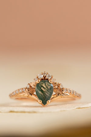 Rutile moss agate engagement ring, diamond crown proposal ring with moss agate / Amelia - Eden Garden Jewelry™