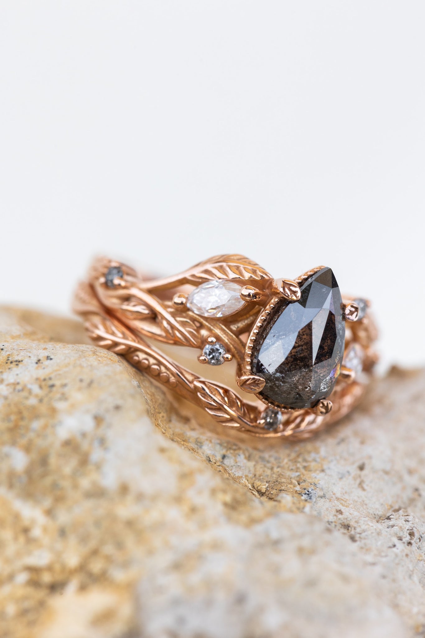 READY TO SHIP: Exclusive Patricia pear cut salt & pepper diamond ring set in rose gold, AVAILABLE RING SIZES: 3 - 5.5 US