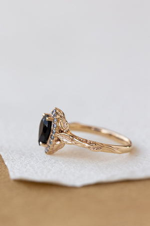 Black spinel with salt and pepper diamonds halo engagement ring / Florentina - Eden Garden Jewelry™