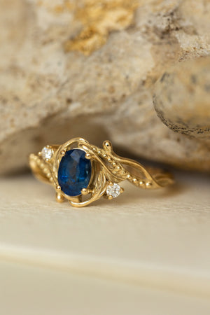 Natural blue sapphire engagement ring with accent diamonds / Undina - Eden Garden Jewelry™