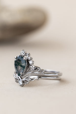 READY TO SHIP: Ariadne ring in 18K white gold, pear cut moss agate, accent lab grown diamonds, RING SIZE:  5.5 - 8.5 US