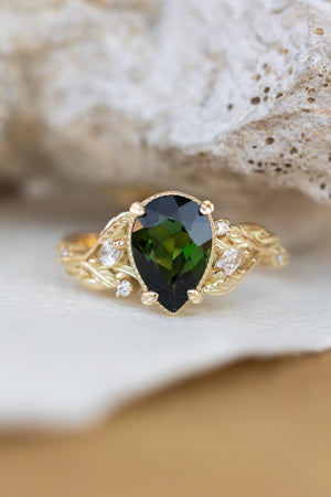 Big vivid green tourmaline engagement ring, nature inspired gold ring with accent diamonds / Patricia - Eden Garden Jewelry™