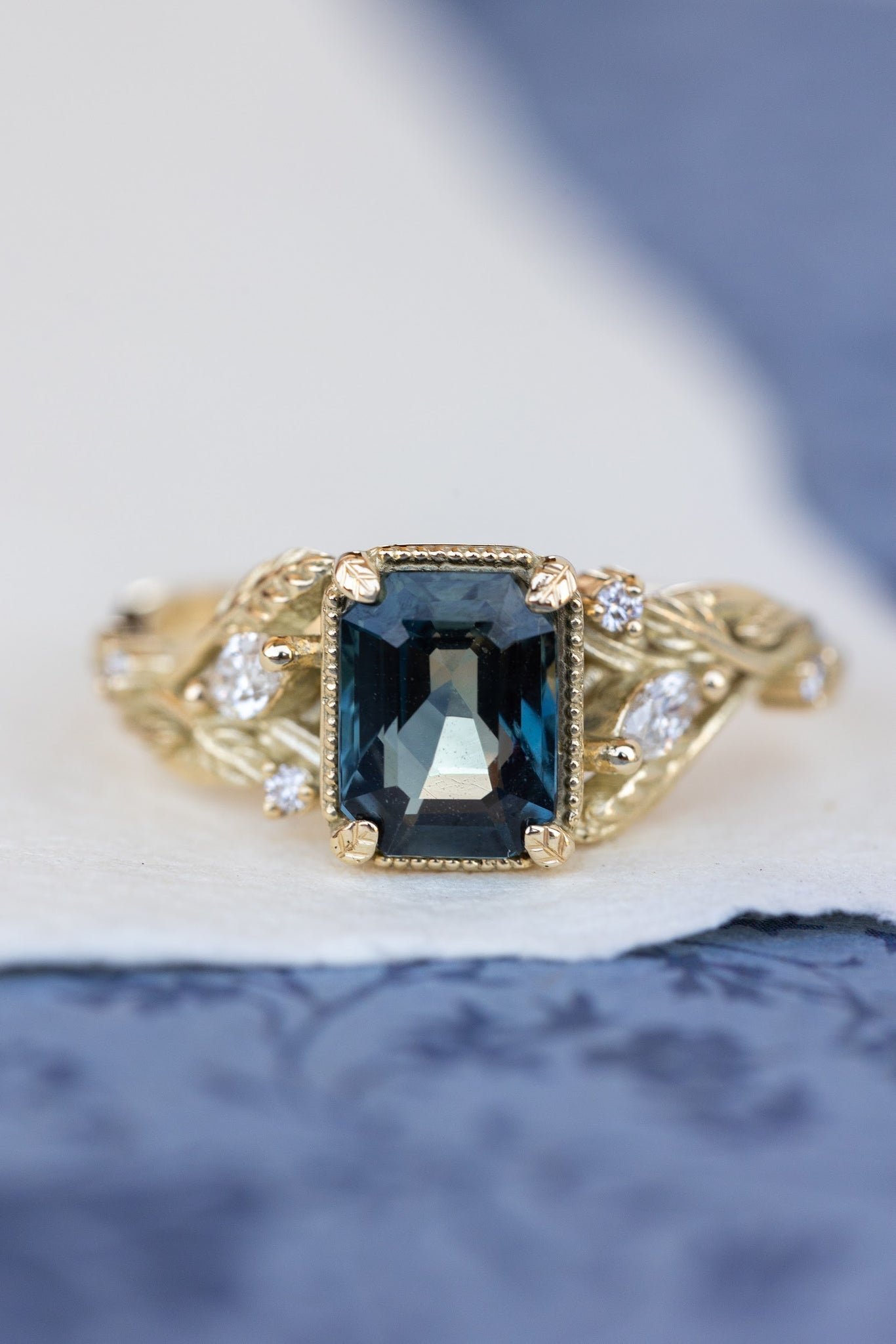 Emerald cut teal sapphire engagement ring, proposal ring with leaves and diamonds / Patricia - Eden Garden Jewelry™