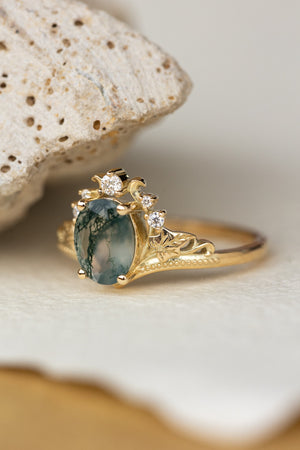 Dendritic moss agate engagement ring, gold ivy leaves proposal ring with accents diamonds / Ariadne - Eden Garden Jewelry™