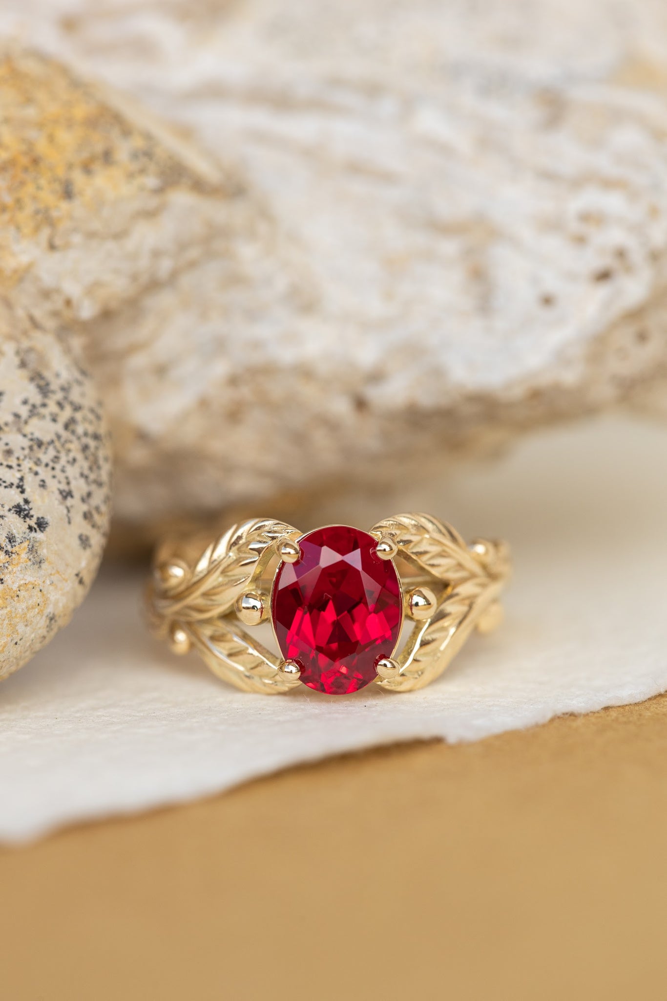 1.5 carat lab ruby engagement ring, gold leaves ring with oval shape gemstone / Cornus - Eden Garden Jewelry™