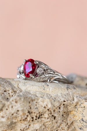 Lab ruby engagement ring, nature inspired ring with accent diamonds / Wisteria - Eden Garden Jewelry™