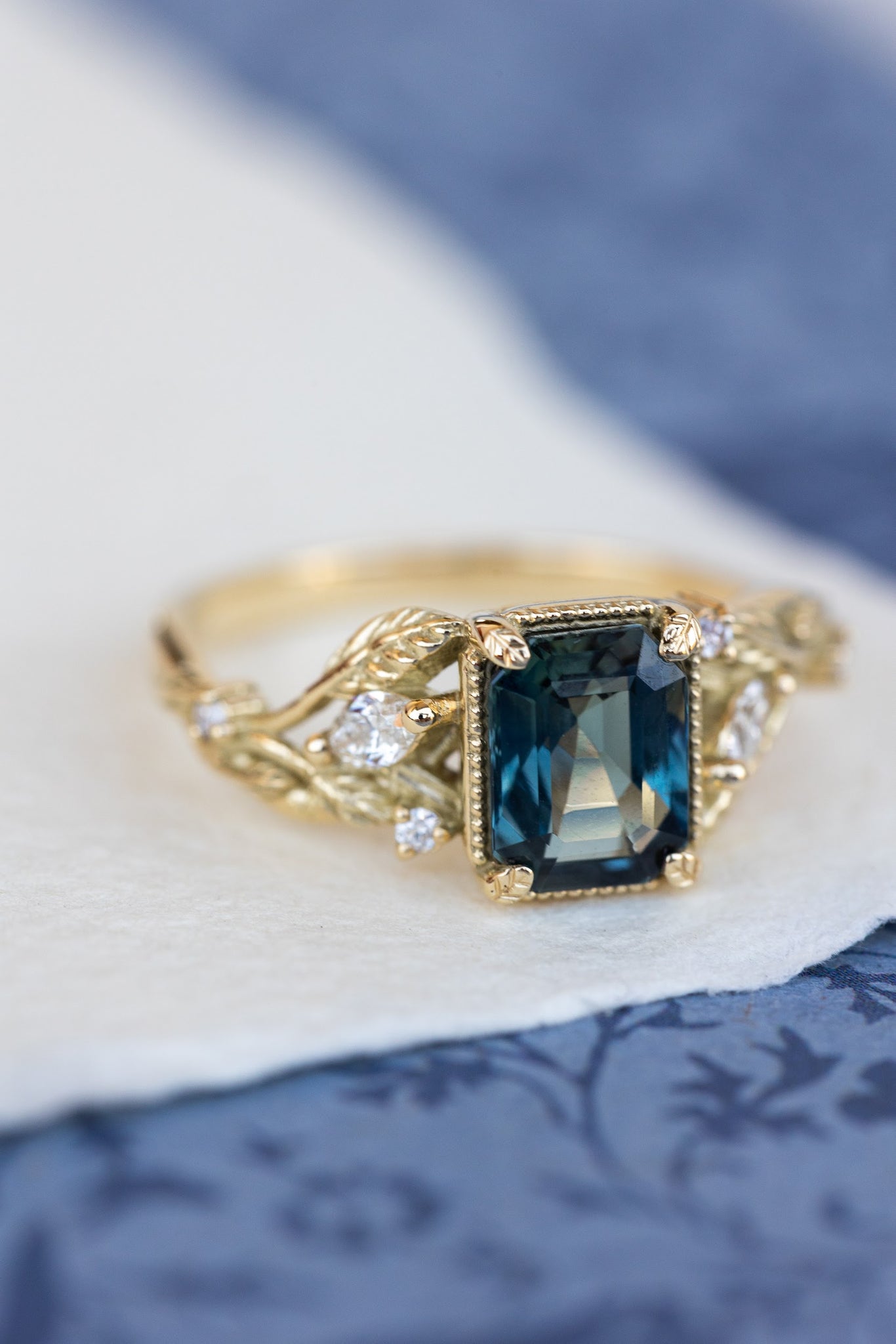 Emerald cut teal sapphire engagement ring, proposal ring with leaves and diamonds / Patricia - Eden Garden Jewelry™