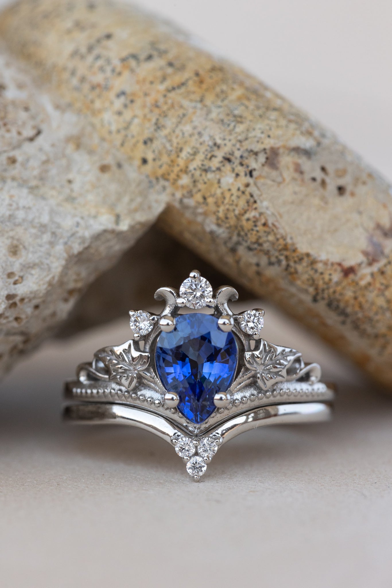 READY TO SHIP: Ariadne bridal set in 14K white gold, pear cut natural sapphire 7x5 mm, lab grown diamonds, RING SIZE: 3 - 6  US