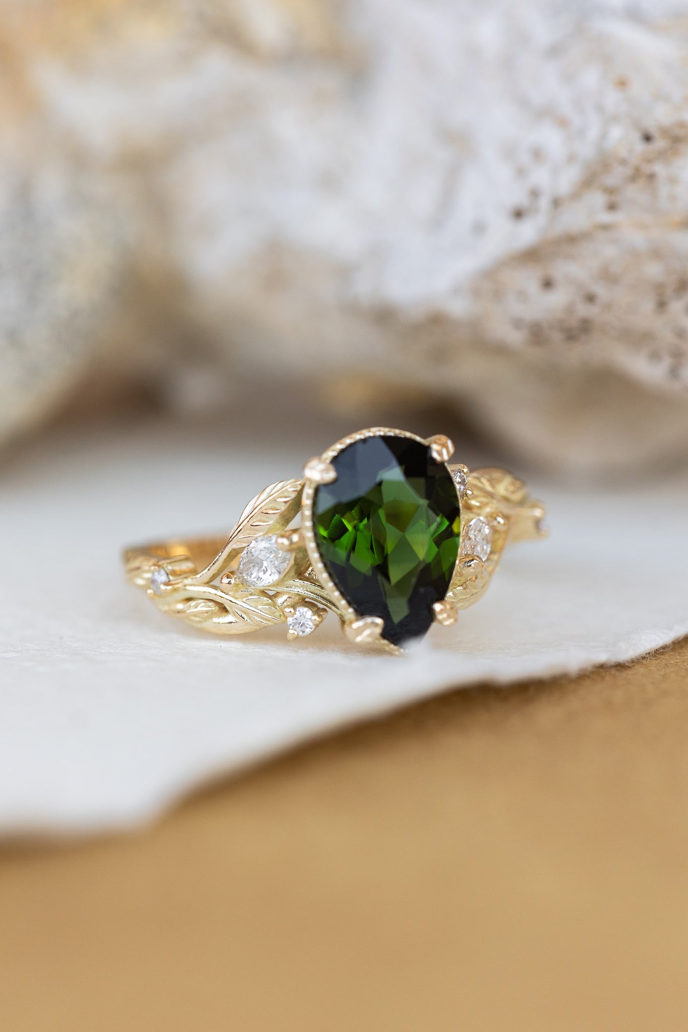 Big vivid green tourmaline engagement ring, nature inspired gold ring with accent diamonds / Patricia - Eden Garden Jewelry™