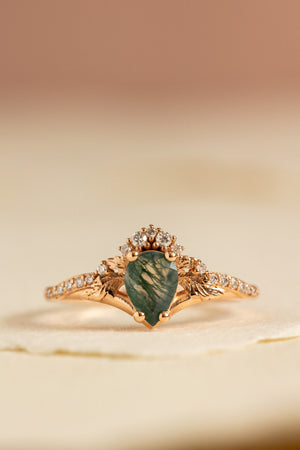 Diamond crown moss agate rose gold proposal ring / Amelia - Eden Garden Jewelry™