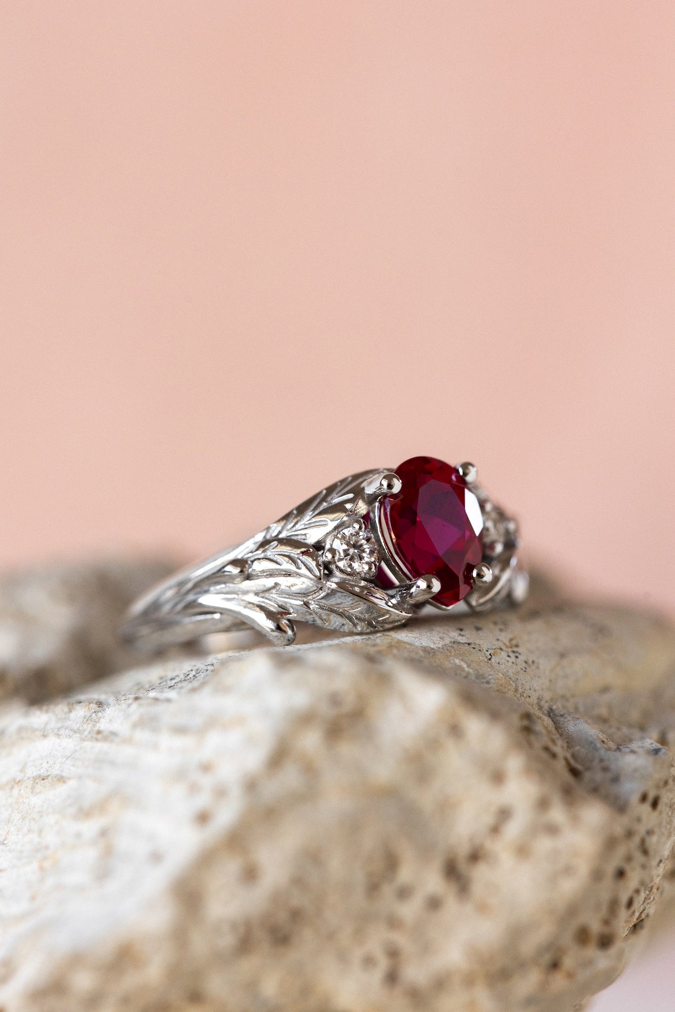 Lab ruby engagement ring, nature inspired ring with accent diamonds / Wisteria - Eden Garden Jewelry™