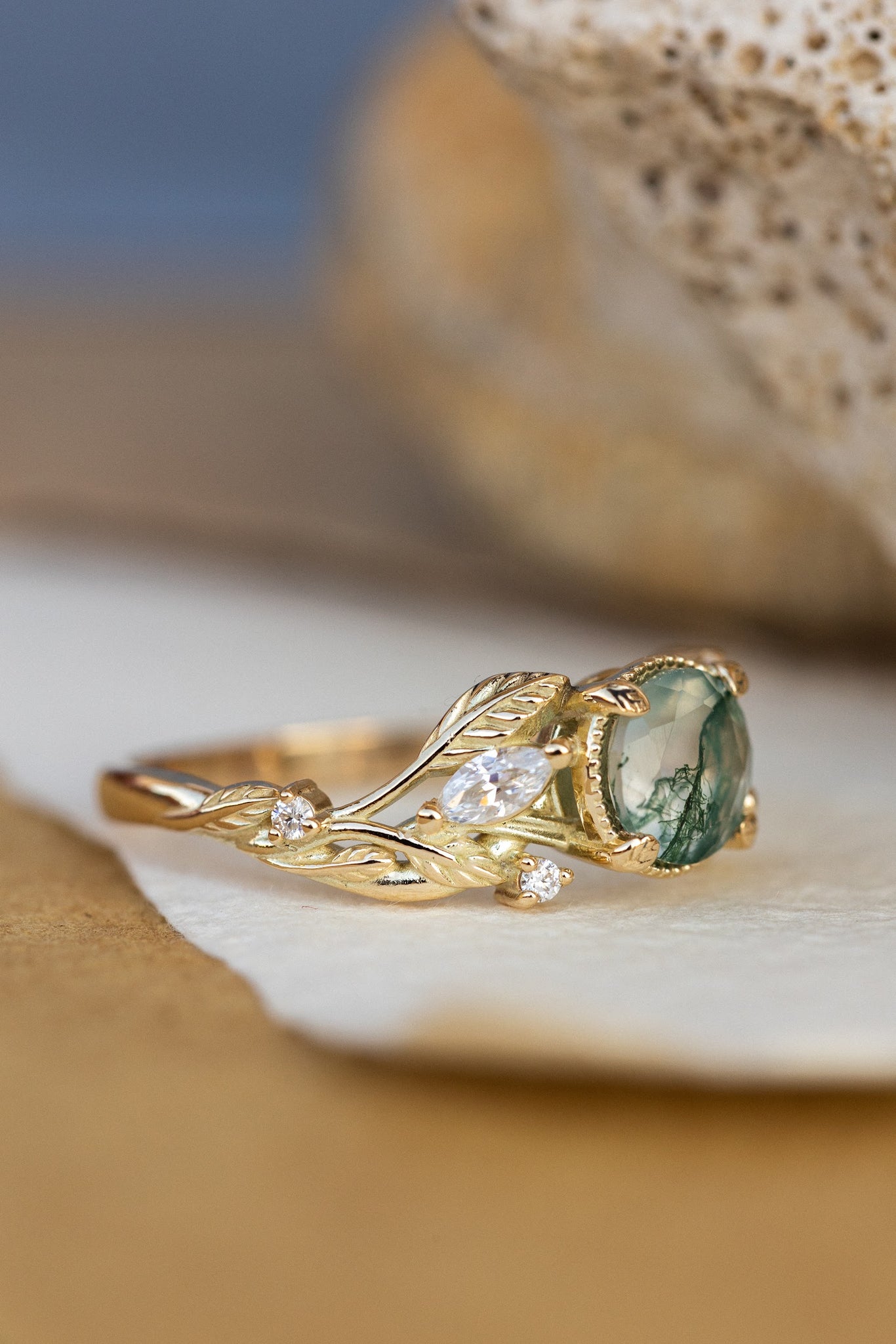 Round moss agate engagement ring, gold promise ring with accent diamonds / Patricia - Eden Garden Jewelry™