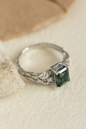 Emerald cut moss agate engagement ring, gold nature themed ring diamonds / Clematis - Eden Garden Jewelry™