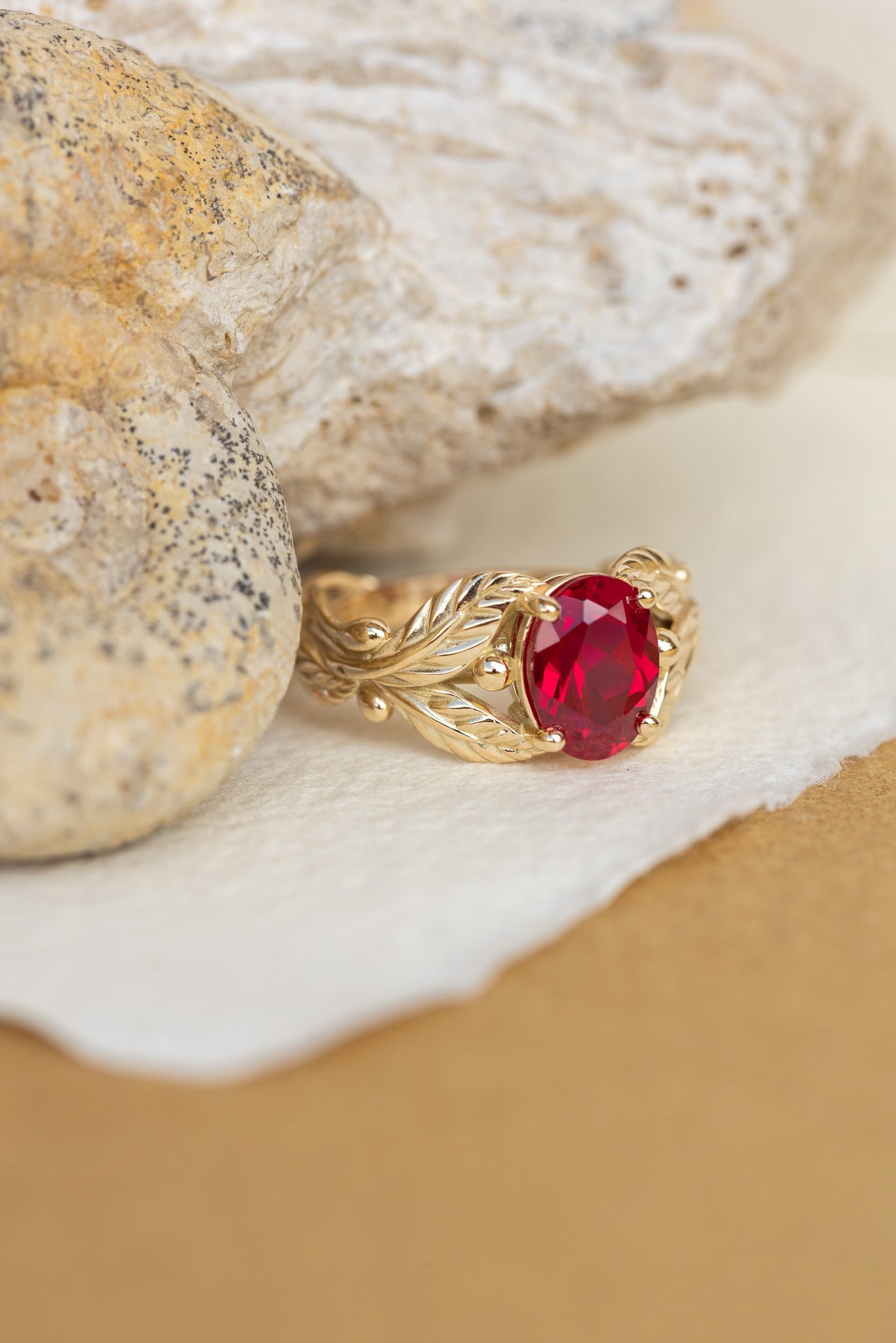 1.5 carat lab ruby engagement ring, gold leaves ring with oval shape gemstone / Cornus - Eden Garden Jewelry™