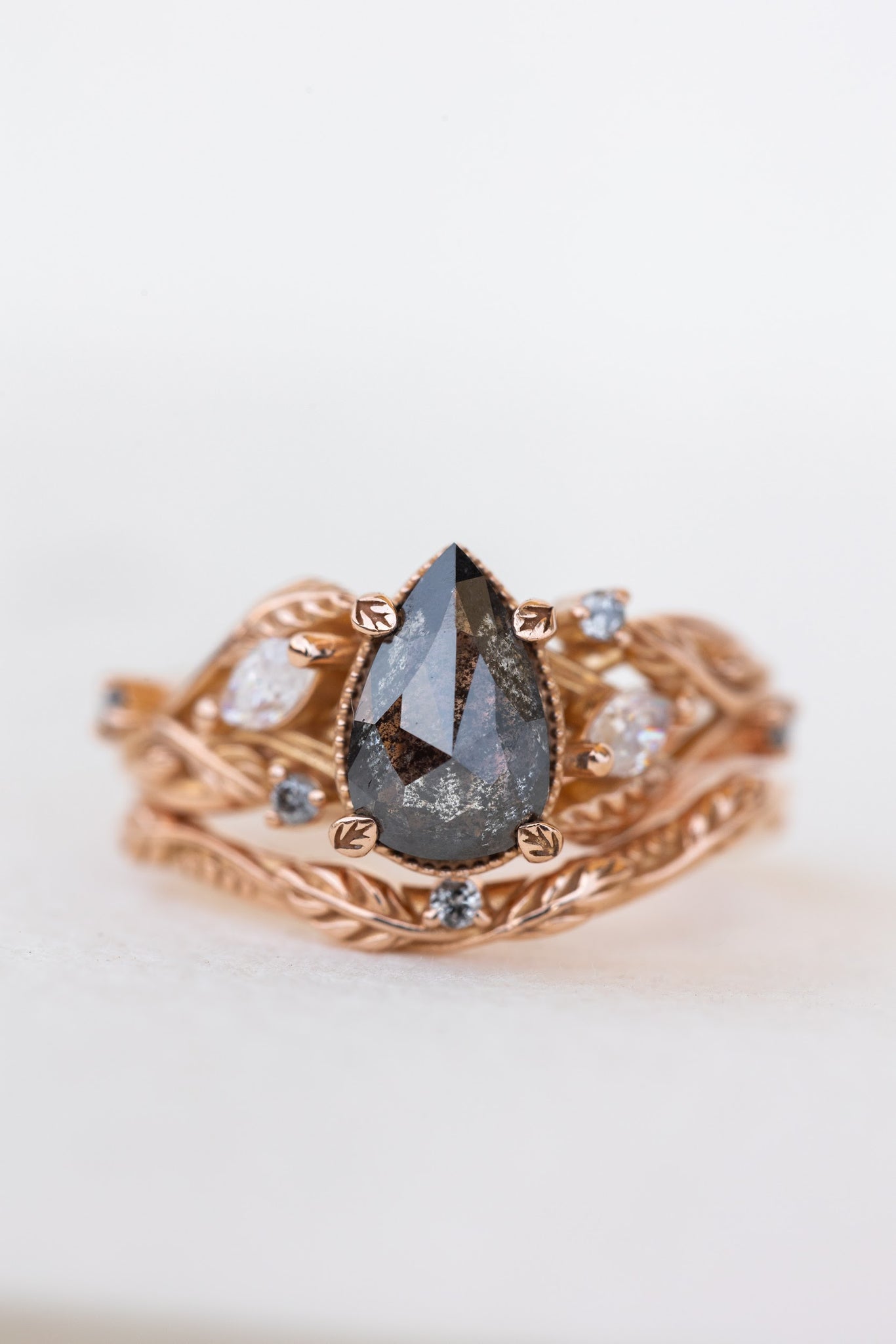 READY TO SHIP: Exclusive Patricia pear cut salt & pepper diamond ring set in rose gold, AVAILABLE RING SIZES: 3 - 5.5 US