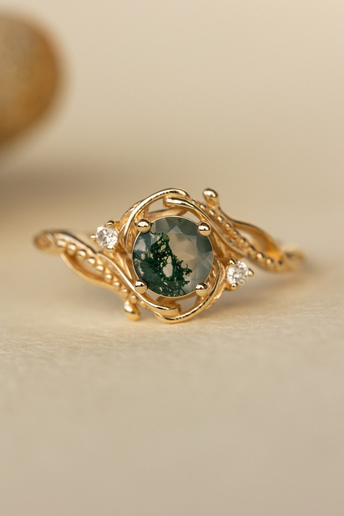 Natural moss agate yellow gold engagement ring with accent diamonds, nature themed proposal gold ring with diamonds / Undina - Eden Garden Jewelry™