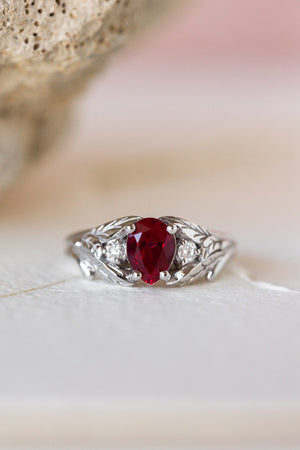 Lab ruby engagement ring, nature inspired ring with accent diamonds / Wisteria - Eden Garden Jewelry™