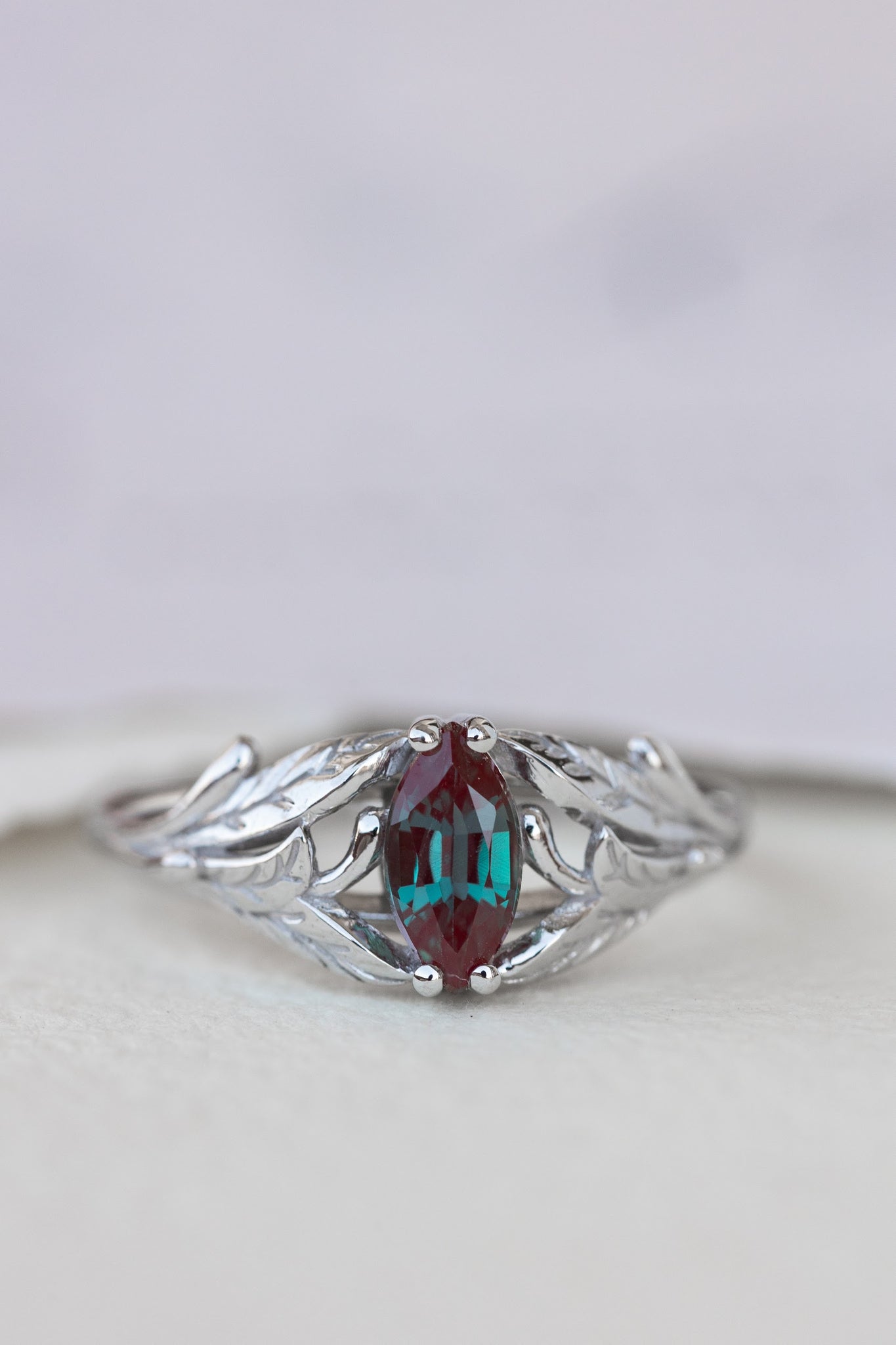 Colour changing alexandrite engagement ring, white gold twig ring with marquise alexandrite / Wisteria - Eden Garden Jewelry™