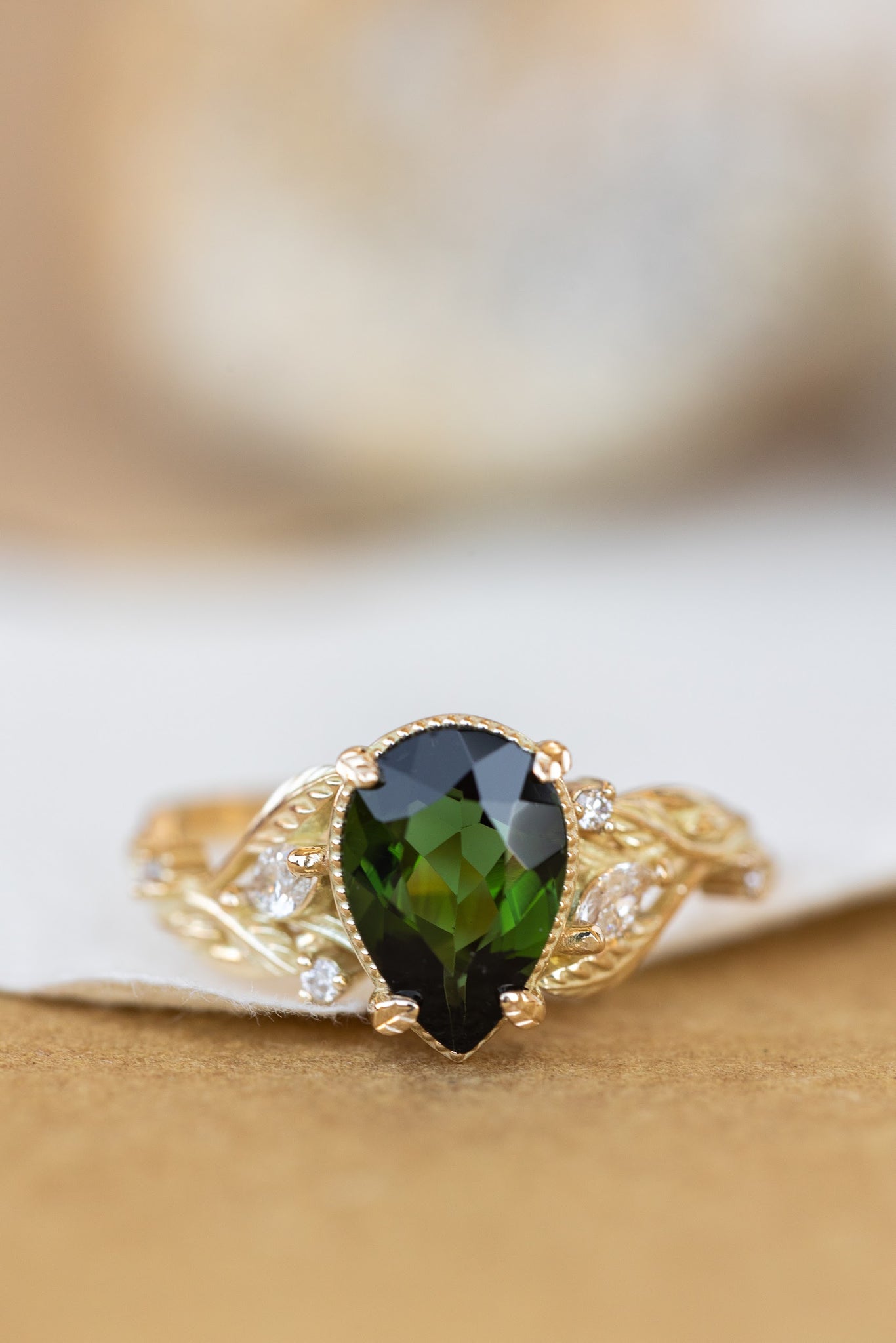 Big vivid green tourmaline engagement ring, nature inspired gold ring with accent diamonds / Patricia - Eden Garden Jewelry™