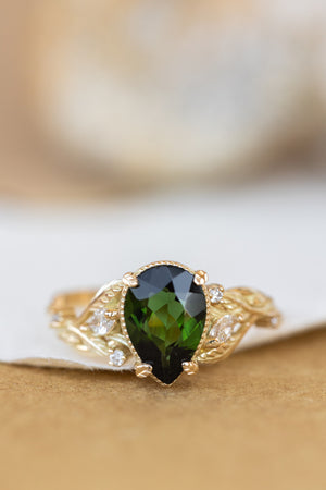 Big vivid green tourmaline engagement ring, nature inspired gold ring with accent diamonds / Patricia - Eden Garden Jewelry™