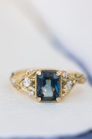 Emerald cut teal sapphire engagement ring, proposal ring with leaves and diamonds / Patricia - Eden Garden Jewelry™