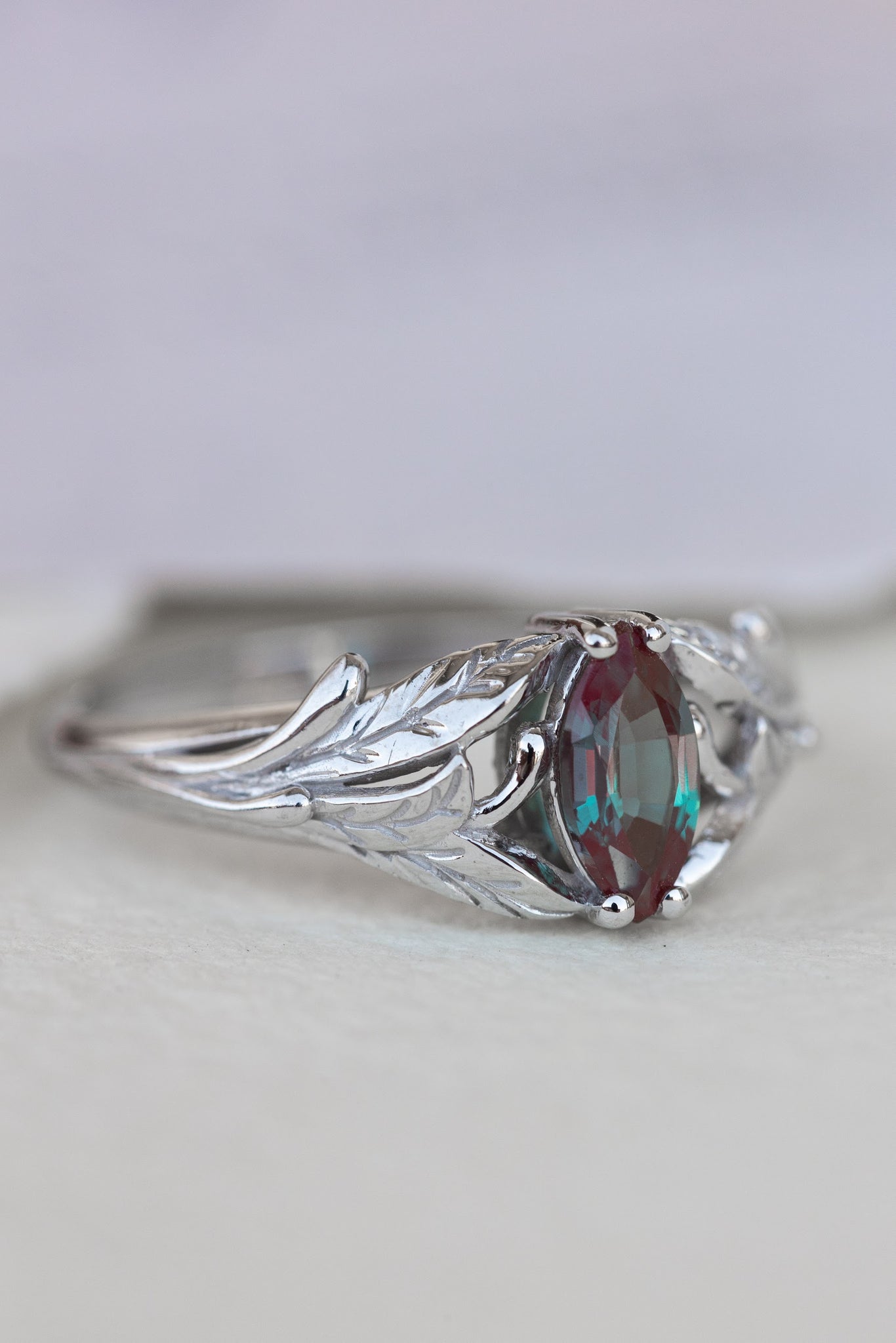 Colour changing alexandrite engagement ring, white gold twig ring with marquise alexandrite / Wisteria - Eden Garden Jewelry™