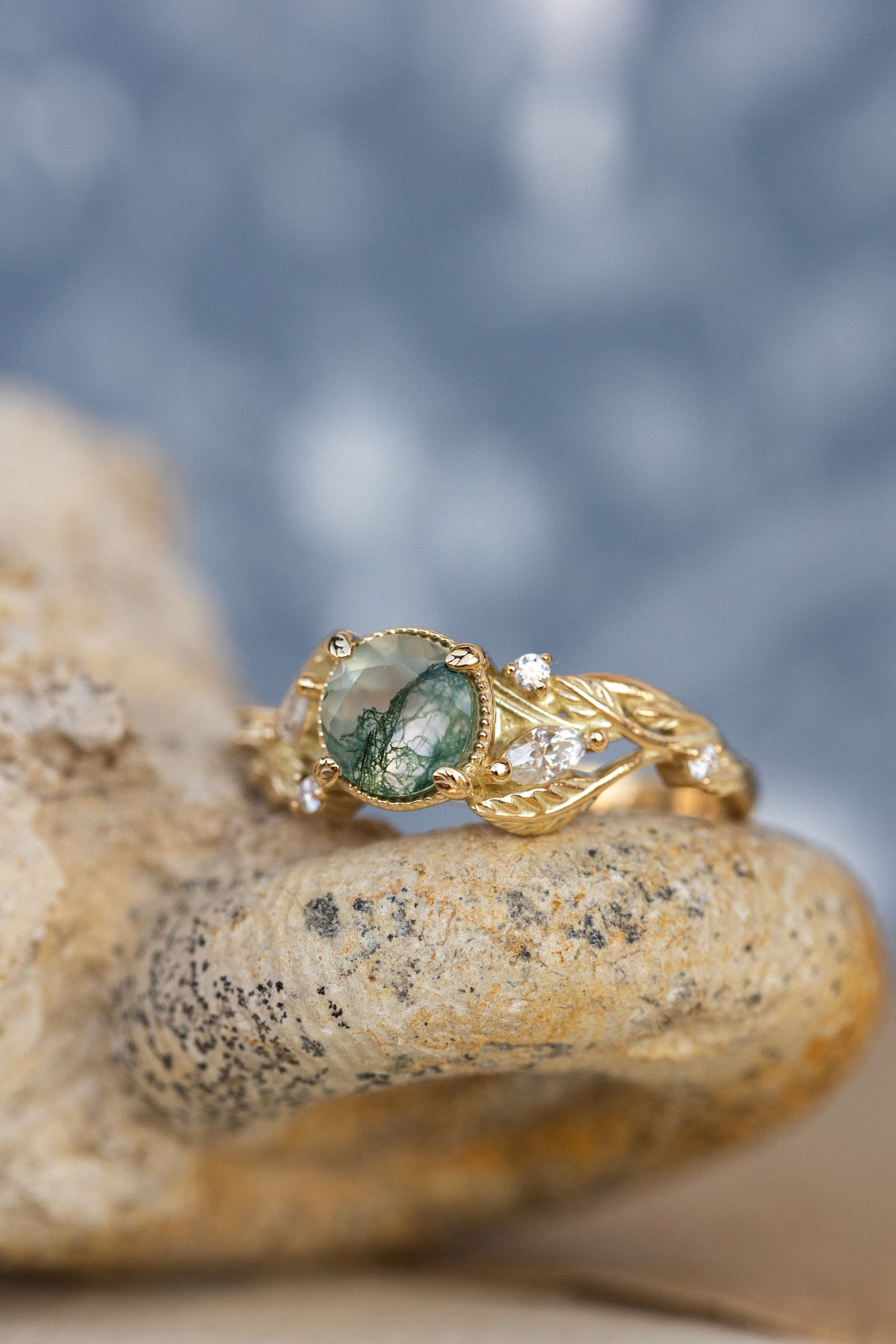 Round moss agate engagement ring, gold promise ring with accent diamonds / Patricia - Eden Garden Jewelry™