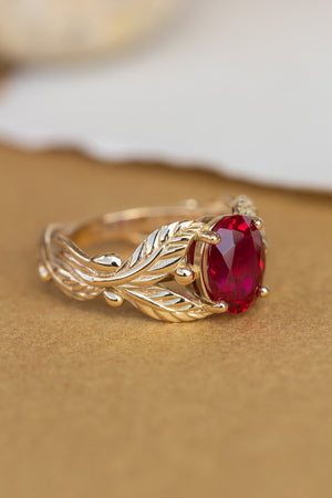 1.5 carat lab ruby engagement ring, gold leaves ring with oval shape gemstone / Cornus - Eden Garden Jewelry™