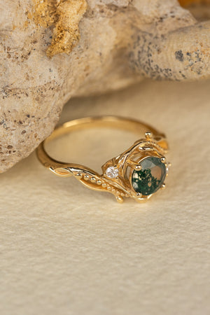 Natural moss agate yellow gold engagement ring with accent diamonds, nature themed proposal gold ring with diamonds / Undina - Eden Garden Jewelry™