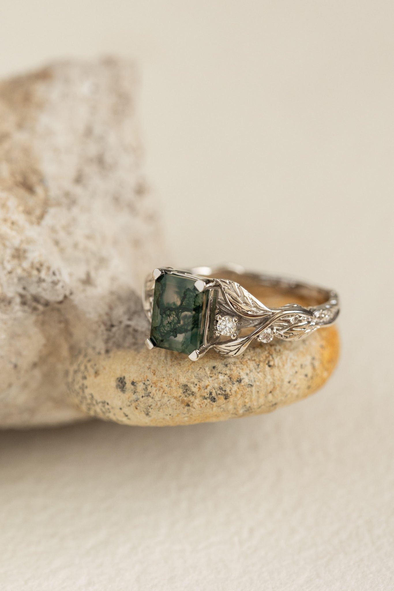 Emerald cut moss agate engagement ring, gold nature themed ring diamonds / Clematis - Eden Garden Jewelry™