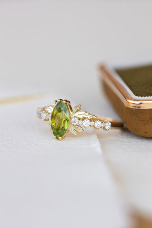 Peridot and diamonds engagement ring, nature inspired gold leaf ring / Verbena