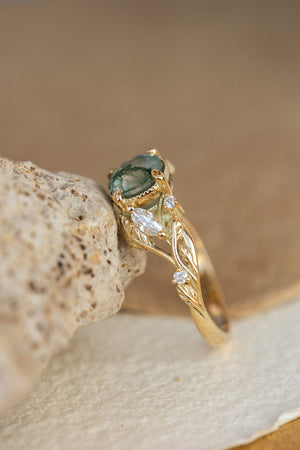 Round moss agate engagement ring, gold promise ring with accent diamonds / Patricia - Eden Garden Jewelry™