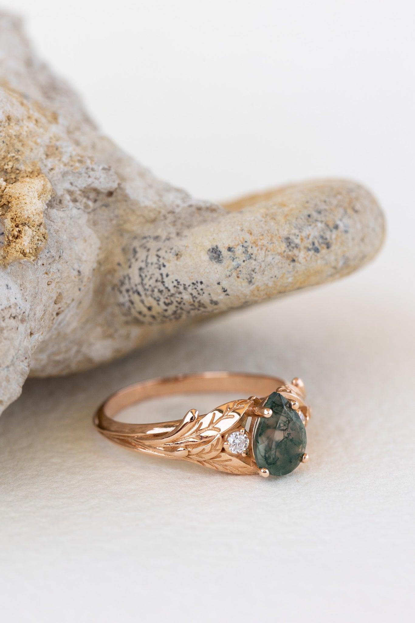 READY TO SHIP: Wisteria ring in 14K or 18K rose gold, pear moss agate, accents lab grown diamonds, RING SIZE: 5.75 - 8.75 US