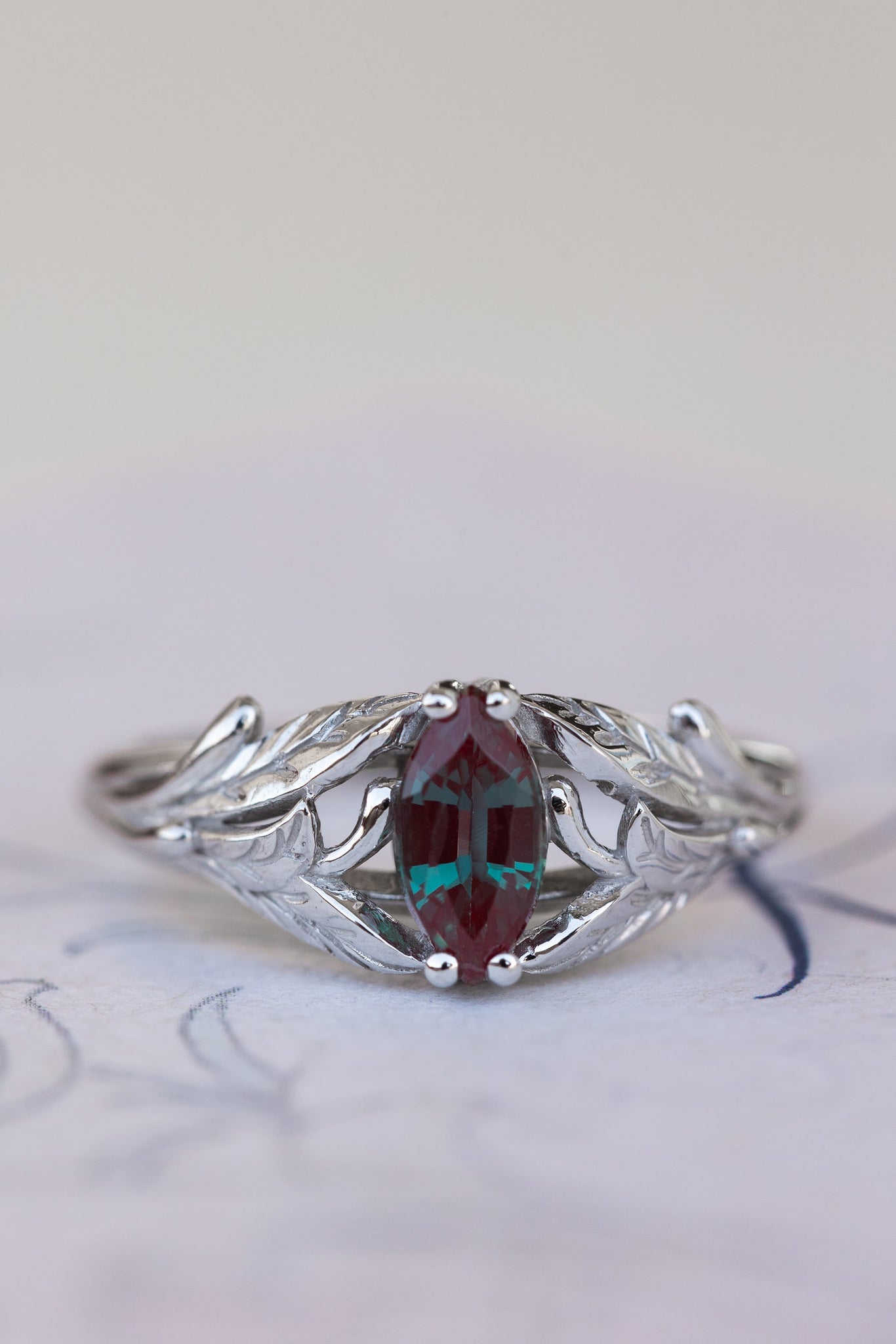 Colour changing alexandrite engagement ring, white gold twig ring with marquise alexandrite / Wisteria - Eden Garden Jewelry™