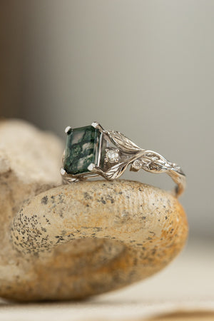 Emerald cut moss agate engagement ring, gold nature themed ring diamonds / Clematis - Eden Garden Jewelry™