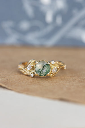 Round moss agate engagement ring, gold promise ring with accent diamonds / Patricia - Eden Garden Jewelry™