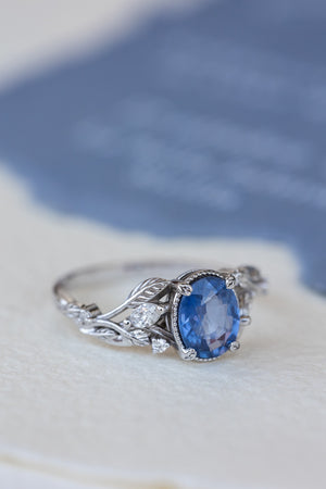 Natural blue sapphire bridal ring set, white gold leaf engagement and wedding rings / Patricia - Eden Garden Jewelry™