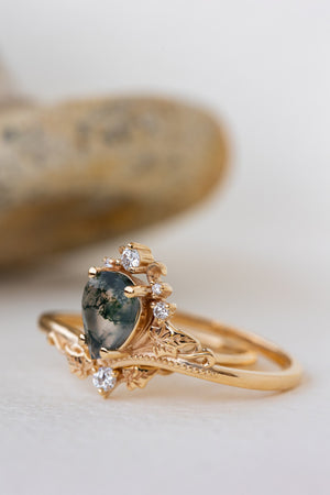 READY TO SHIP: Ariadne ring set in 18K yellow gold, pear cut moss agate, accent lab grown diamonds, RING SIZE:  5.5 - 8.5 US