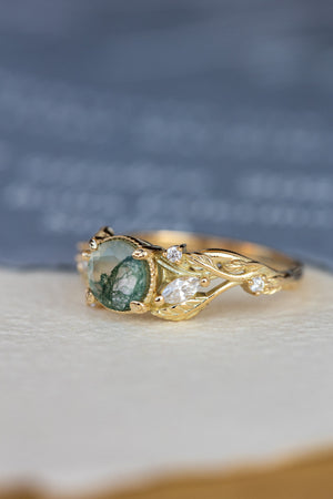 Round moss agate engagement ring, gold promise ring with accent diamonds / Patricia - Eden Garden Jewelry™